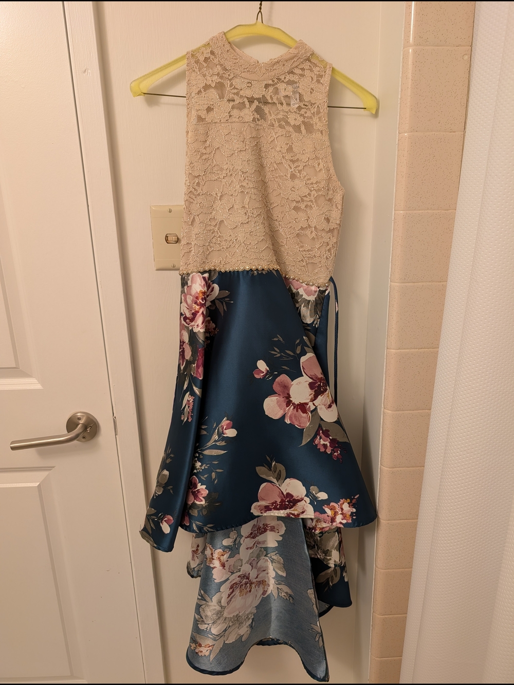 Speechless Lace Dress in Champagne Beige with Yellow Hanger Accent
